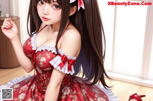 a woman in a red and white dress posing for a picture